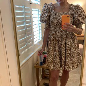 1. State Smocked Puff Sleeve Mini Dress Brown Floral